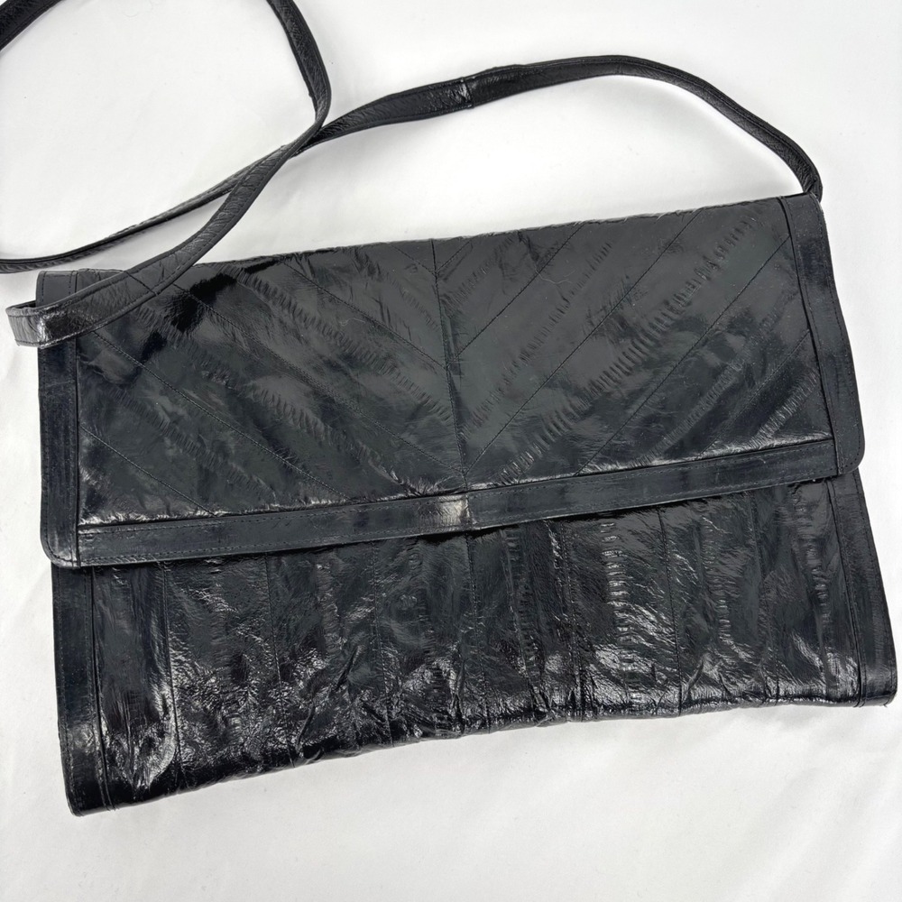 Vintage Black Genuine Eel Skin Crossbody Bag Chevron Envelope Clutch Korea